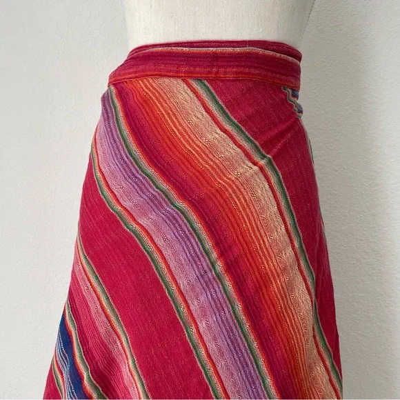 VINTAGE SARAPE COTTON WRAP SKIRT RAINBOW MULTICOLOR STRIPED MIDI - Picture 12 of 13